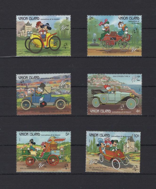 Union Island Disney Stamps Cars Automobile Serie Set of 6 Stamps Mint NH