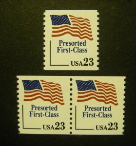 Scott 2605, 23c Flag Presort First Class,  Pair & Single, MNH Coil Beauties