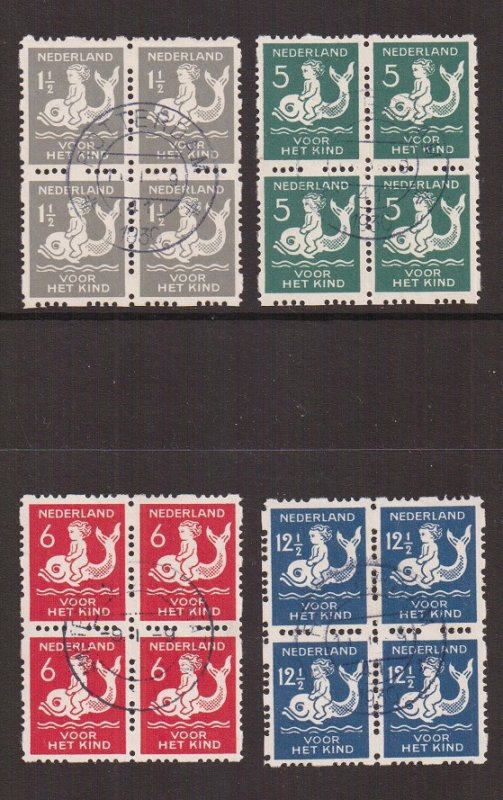 Netherlands  #B37a-B40a  used  1929 syncopated Child Welfare blocks of 4