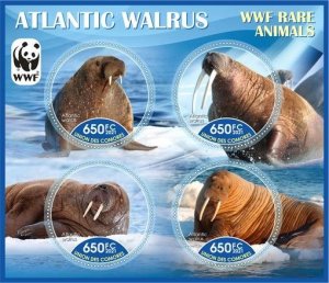 Stamps. Fauna Animals WWF Walrus  1+1 sheets perforated 2021 year Comores