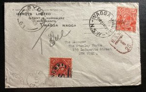 1929 Waga Waga Australia Commercial Postage Due Cover FFC To New York USA