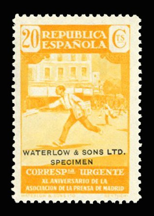 Spain #E15S, 1936 20c yellow, overprinted Waterlow & Sons Ltd., Specimen, n...