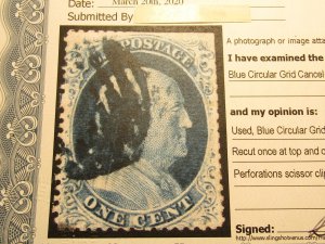 US Stamp, Scott #23 Used.. SCV $575.00, w/Certificate, Clipped at top and right,