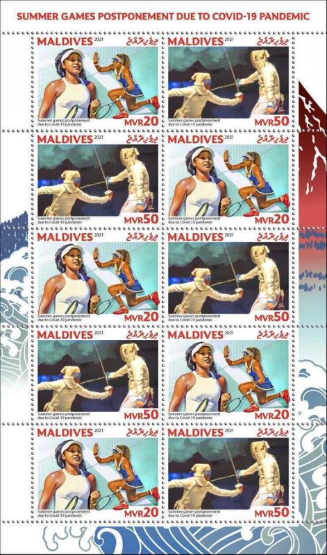 MALDIVES 2021 SHEETLET 10v OLYMPIC GAMES TOKYO 2020 PANDEMIC TENNIS FENCING MNH