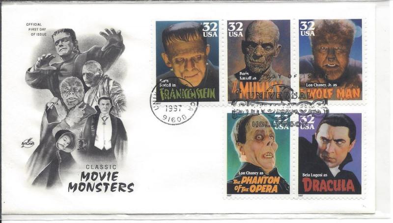 United States, 3172a, Movie Monsters ArtCraft FDC,**Used**