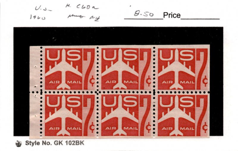 United States Postage Stamp, #C60a Pane Mint NH, 1960 Airplane (AB)