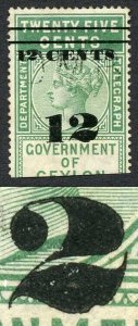 Ceylon Telegraph SGT24 12c on 25c Green Type T17 Defective 2