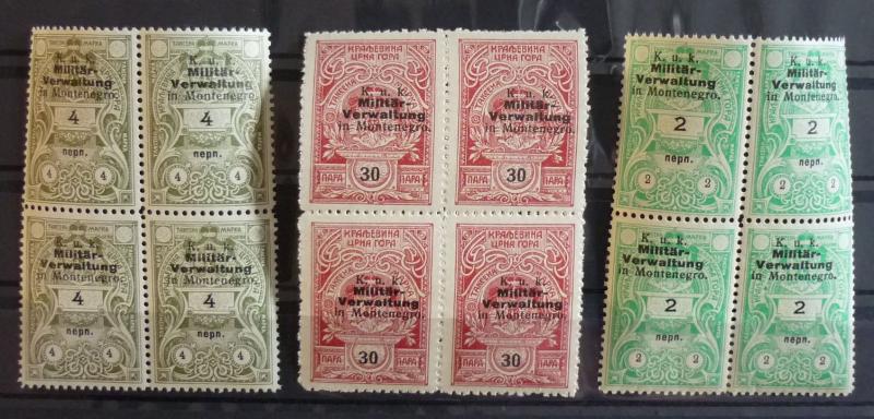 WWI AUSTRIA - MONTENEGRO -REVENUE STAMPS (MNH) - 3 BLOCKS OF 4 R! yugoslavia J22