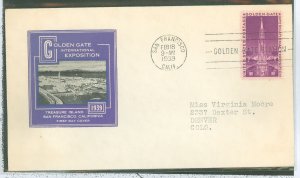 US 852 1939 3c Golden Gate Exposition (single) on an addressed (typed) first day cover and an Ioor cachet.