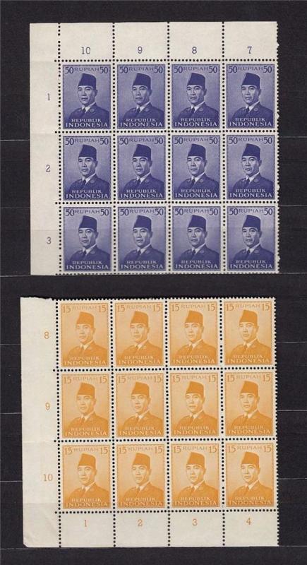 Indonesia 1951 MNH 2 Values 15r+50r 2x Blocks President Sukarno 24 Stamps #C62