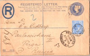 Great Britain 2 1/2d KEVII on 2d QV Registration Envelope 1902 Gower St., W.C...