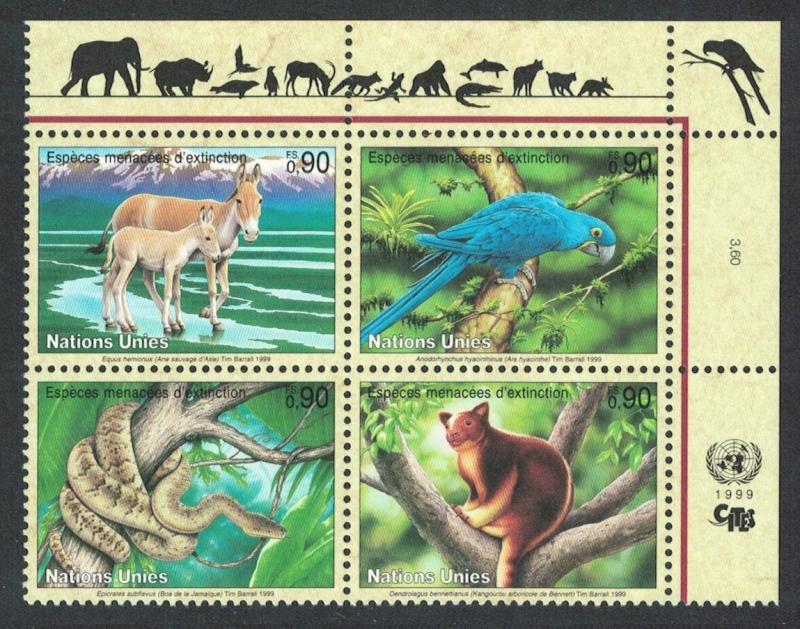 UN Geneva Birds Macaw Boa Kangaroo Wildass Block of 4v SG#G372-75 MI#369-372