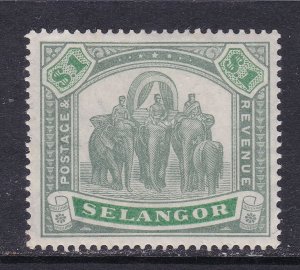 Selangor Scott 36,  1895 $1 Elephants VF MNH. Scott $65 as hinged.