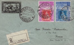 1951 100th stamps of Tuscany n . 653-654 on circulated registered letter