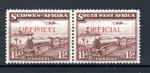 South West Africa 1938 1 1/2d Mail Train OFFICIAL opt SG O17 MH horizontal pair 