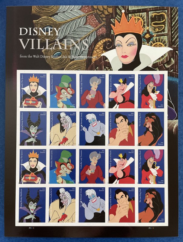 Scott 5213-5222 DISNEY VILLAINS Pane of 20 US Forever Stamps MNH 2017