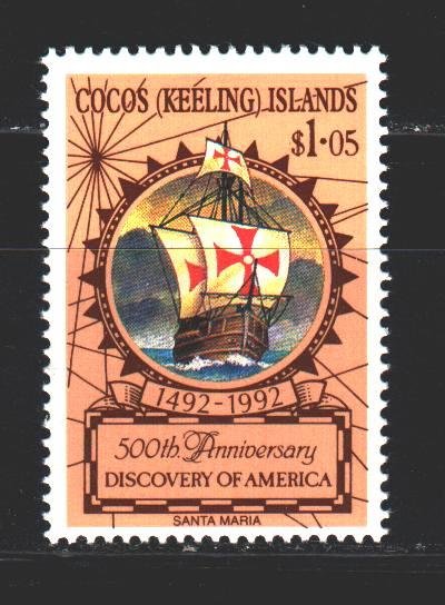 Cocos Islands. 1992. 266. 500 years of the discovery of America, sailboat. MNH.