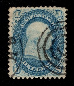 10719 OAS-CNY SCOTT 63 –1861 1¢ Benjamin Franklin blue USED PERF FAULT XF-S $65