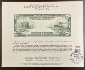 BEP B61 Souvenir Card $20 1915 FRB Note Trains & Ships ANA ‘83 Canceled