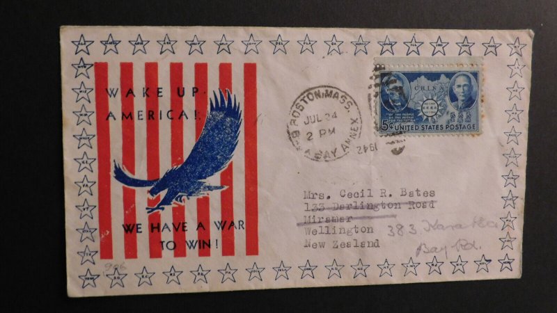 1942 Boston MA to Wellington New Zealand Patriotic WWII Cover Wake Up America