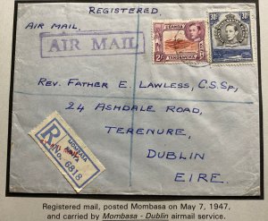 1947 Mombasa Kenya Airmail Registered Cover To Rev Lawless Dublin Ireland