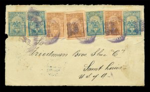 COLOMBIA 1904 Coat of Arms 20c blue + 20c brn Sc # 270(3)+286(4) on front to USA