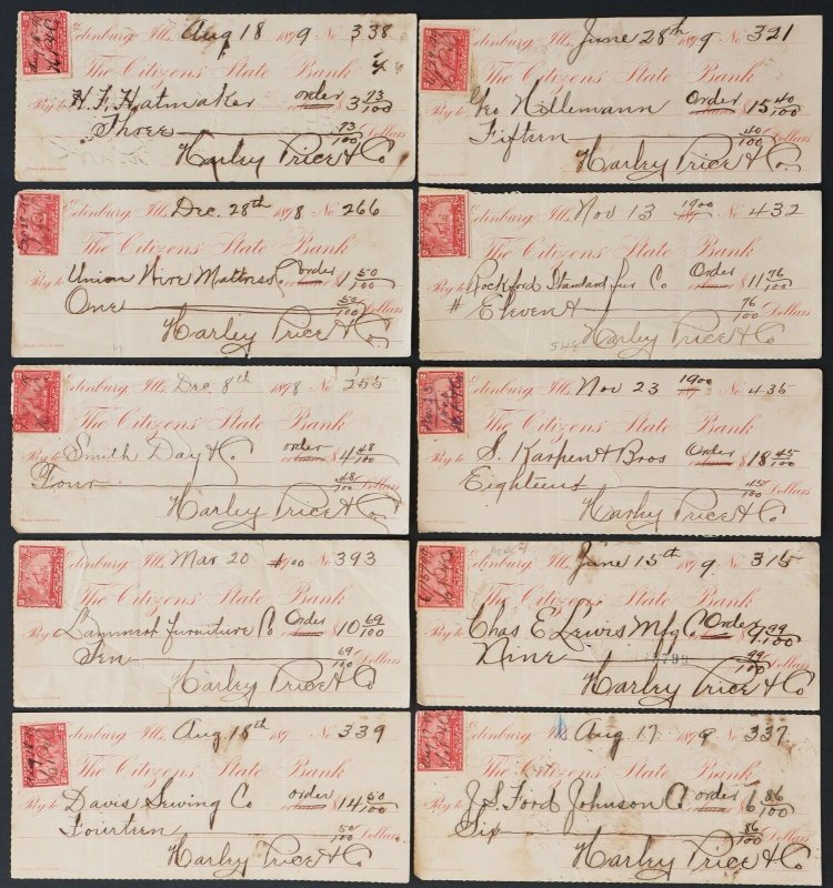 #R164 Revenue 2c Battleship Documentary 1898-99 Bank Checks. Lot of 10. Scarce!