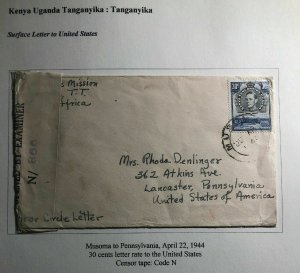 1944 Musoma Tanganyika British KUT Censored Missionary Cover To Lancaster Pa USA