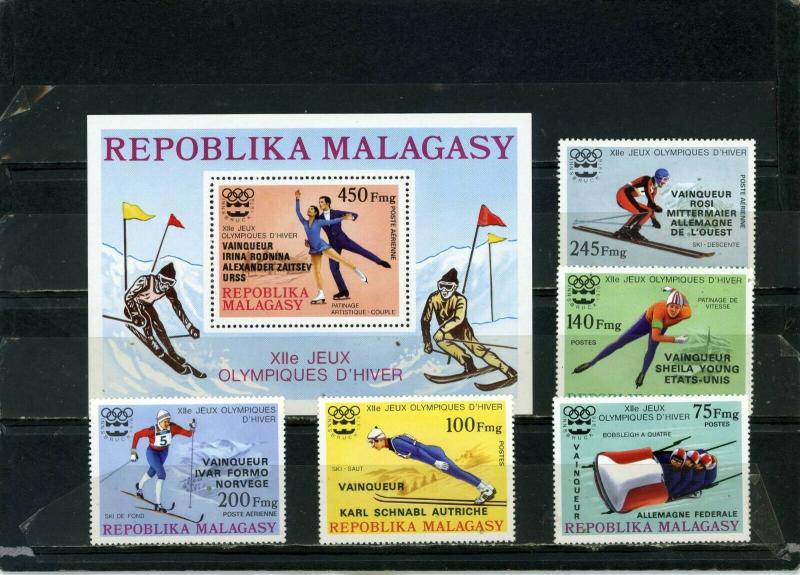 MADAGASCAR 1976 WINTER OLYMPIC GAMES INNSBRUCK SET OF 5 STAMPS & S/S OVERP. MNH  