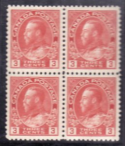 Canada-Sc#109-Unused NH 3c carmine KGV Admiral block of 4-og-nicely centered-192