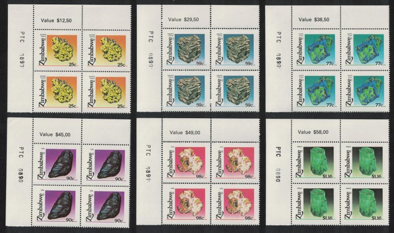 Zimbabwe Minerals 6v Corner Blocks of 4 Control Numbers SG#844-849 CV£60+