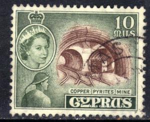 Cyprus 1955 - 60 QE2 10 Mils Copper Pyrites Mine SG 176 ( R409 )