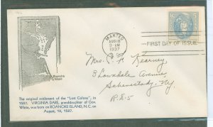 US 796 1937 3c virginia dare commemorative on an addressed fdc with a cachet by an unknown publisher