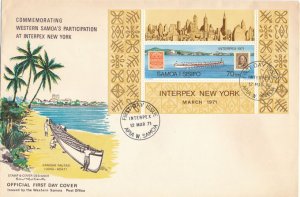 Samoa sc# 343 FDC - Interpex 1971 Souvenir Sheet - Samoan Long Boat