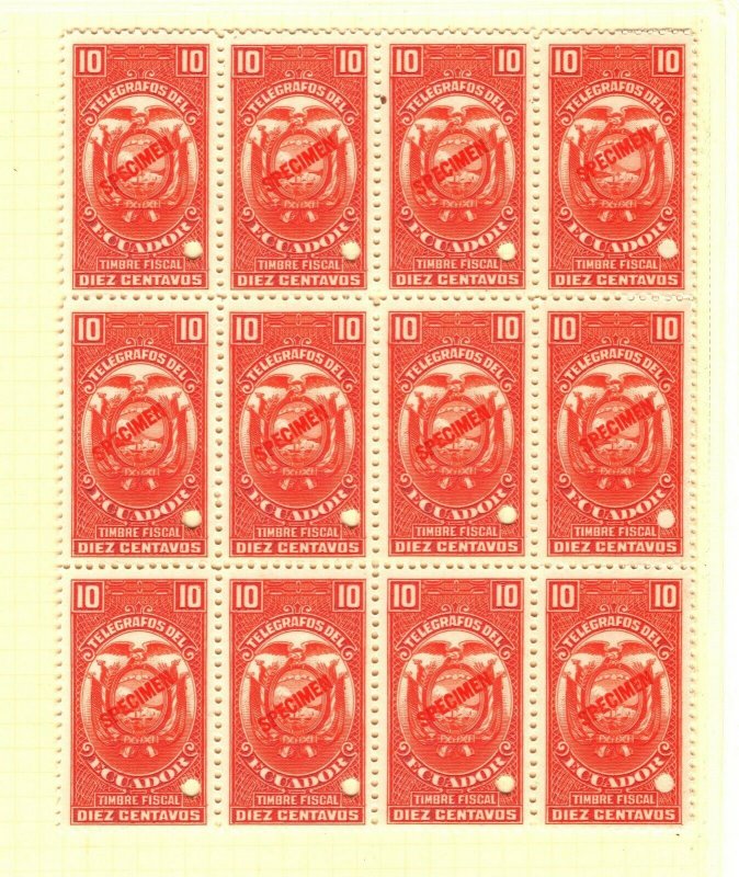 ECUADOR TELEGRAPHS *ABNCo. Imprint* SPECIMEN Two 10c Blocks{12 & 6} UM MNH MB6