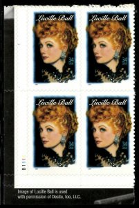 2001 Lucille Ball Plate Block of 4 34c Postage Stamps, Sc# 3523, MNH, OG