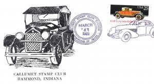 US EVENT SPECIAL PICTORIAL POSTMARK 1928 LOCOMOBILE CALLUMET STAMP CLUB CACHET