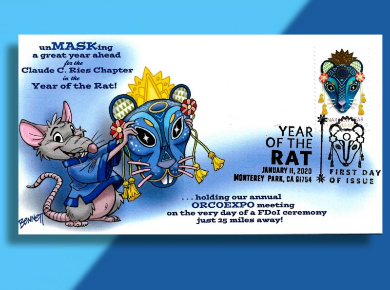 The Mask Comes Off!  -- Year of the Rat FDC from Bennett Cachetoons
