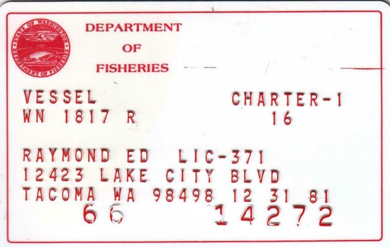 1981, Washington State Dept. of Fisheries, Charter Vessel Permit (36714)