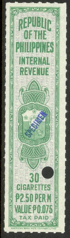 PHILIPPINES c1950 TAX PAID CIGARETTES REVENUE Blue Specimen 30 at 2.50p Per M