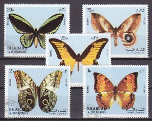 Sharjah, Mi cat. 1018-1022 A. Butterflies issue. Canceled. ^