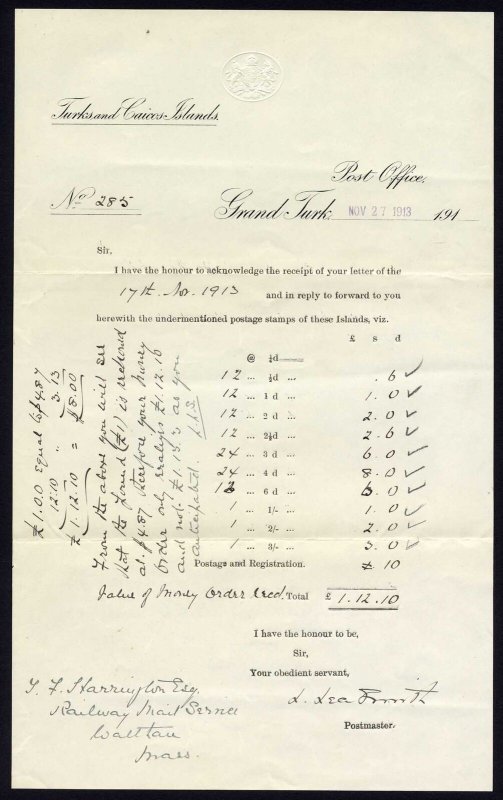 Turks and Caicos 1913 Invoice for Stamps and Letters