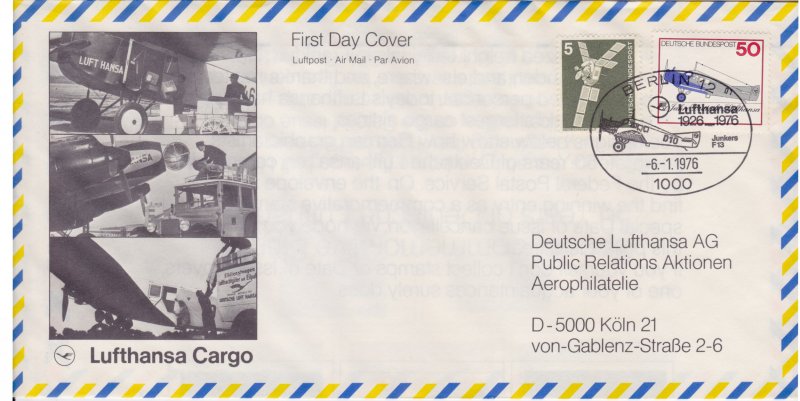 Lufthansa 50th Anniversay, First Flight with Junkers F13, Postmark Berlin, 1976