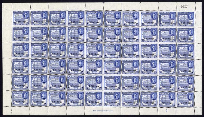 Somaliland Protectorate KGVI SG134 2/- on 3r Bright Blue COMPLETE sheet (60) U/M 