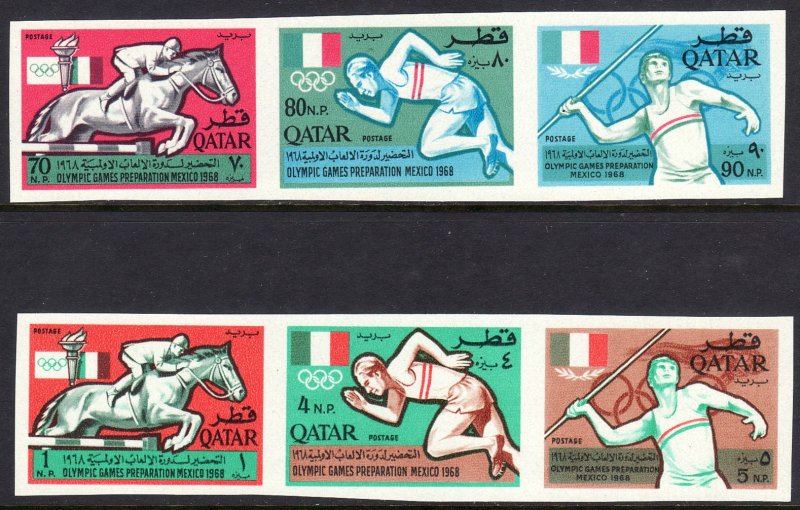 1966 Qatar 68' Olympics imperf strips of 3, full set Sc# 103 103A CV: $30.00