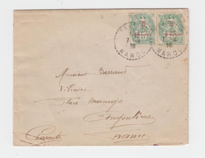 MOROCCO 1912 COVER, 2x 5c on 5c RATED, TO FRANCE