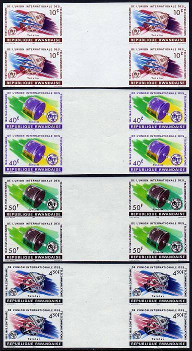 Rwanda 109-112 imperf gutter blocks/4,MNH.Mi 114B-117B. ITU-100,1965.Satellites.