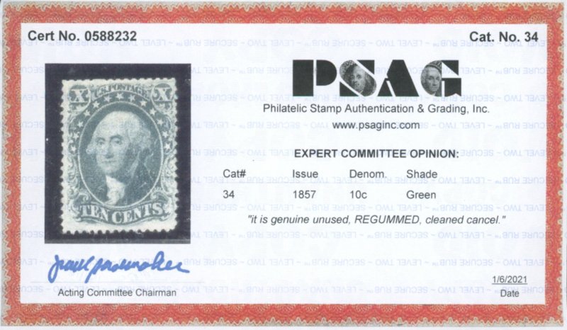 U.S. #34 Used WITH PSAG CERT