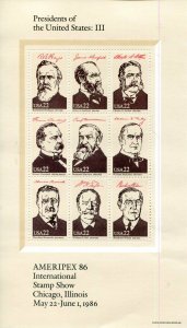 US Scott #2216-19 Ameripex '86 Presidential Sheets MNH. Free Shipping.
