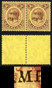 Jamaica SG72 3d purple on lemon paper Damaged M (left stamp) U/M